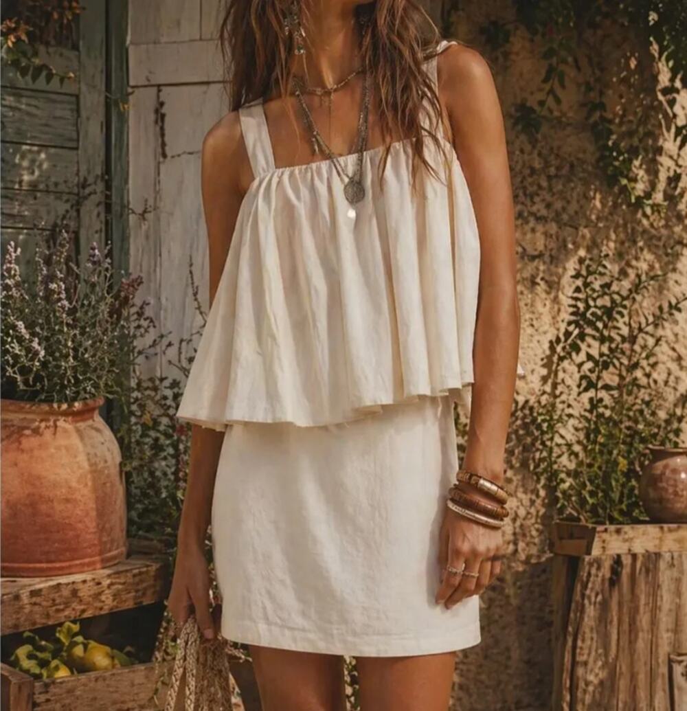 WHIT Women's Small Cream Silk Linen Layered Dress Cottagecore Minimalist V5-15